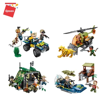 QMAN Field action Building Blocks creator Cross-country Move Fortress Helicopter Small Grain Assembling DIY Toys For Children