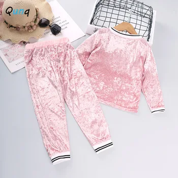 Qunq Girls Clothing Set jesień wiosna dziecięca odzież sportowa dla 2 3 4 5 6 7-letnia dziewczynka koszula z długim rękawem list spodnie velvet dzieci kostium