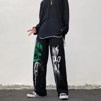 QWEEK Hippie Oversize spodnie koreańskiej ulicy odzież Harajuku Goth Joggers spodnie Damskie kreskówka graffiti hip-hop temat spodnie