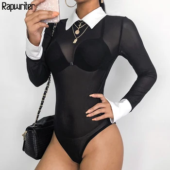 Rapwriter Sexy Transparent Mesh Panelled Skinny Turn-down Collect Bodysuits Women 2020 Summer Long Sleeve Open Crotch Bodysuit