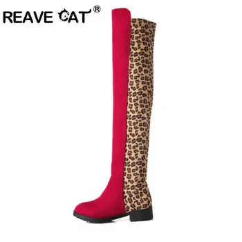 REAVE CAT New Fahion Leopard over the kee boots for women Low Heel Flat Thigh high boots Girl winter Casual shoes big size 44