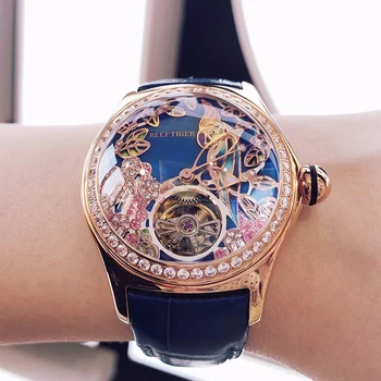 Reef Tiger/RT Blue Dial modne zegarki dla kobiet Skórzany pasek wodoodporny zegarek automatyczny Diamond Tourbillon Zegarek RGA7105