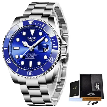 Relogio Masculino LIGE luksusowej marki Męskie zegarki sportowe srebrny wodoodporny ze stali nierdzewnej zegarek zegarki męskie mody zegarek