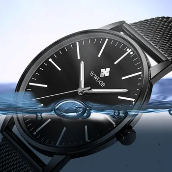 Reloj hombre WWOOR dorywczo zegarek dla mężczyzn modne czarne wodoodporny zegarek Kwarcowy męskie cienkie magnetyczne netto zegarek z paskiem