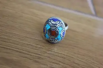 Rg001 Nowy Przylot Pierścień Dla Pani Etniczny Tybetański Kolorowy Kamień Owalny Basen Regulowany Pierścień Handmade Nepal Biżuteria