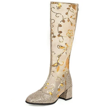RIBETRINI 2020 New Ladies Oddychającym Mesh Knee High Woman Shoes Fashion Embroider Summer Boots Women High Heels Party Boots