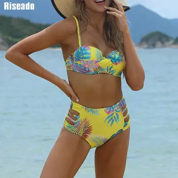 Riseado Sexy Push Up Bikinis Set Swimwear Women High Zwężone Swimsuits Leaf Printed Biquini Bikini 2021 Cut Out Beach Wear