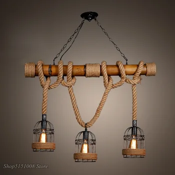 Rocznika wiszące lampy loft пеньковая lina bambusowy żelazna klatka podwieszana lampa ręcznie robione lantern candle kostium dla restauracyjnych барных opraw