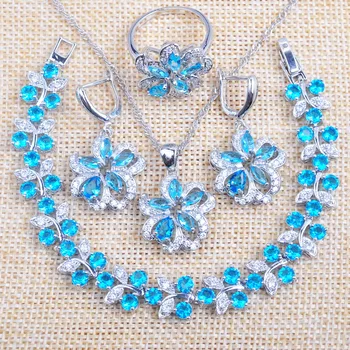 Rosyjski styl dla kobiet ślubne zestawy biżuterii błękitny cyrkon letnie akcesoria bransoletka naszyjnik i kolczyki zestaw pierścień YZ0531