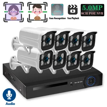 Rozpoznawanie twarzy H. 265+ 8CH 5MP HD POE NVR Kit CCTV Security System 5MP AI IP Camera Outdoor P2P Video Surveillance Set 2TB HDD