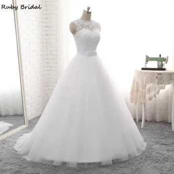 Ruby elegancki Vestido De Noiva długa suknia suknie Ślubne tanie białe koronki i aplikacje pas sznurowane PW68