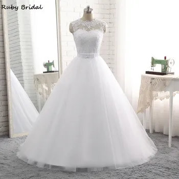 Ruby elegancki Vestido De Noiva długa suknia suknie Ślubne tanie białe koronki i aplikacje pas sznurowane PW68