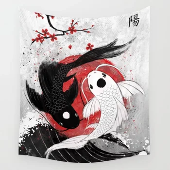 Ryby Koi Yin Yang Na Ścianie Gobelin Pokrywa Ręcznik Plażowy Rzucić Koc Na Piknik Matę Do Jogi Japoński Styl Gobeliny Dekoracji Domu