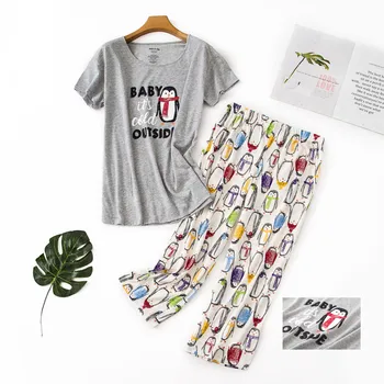 Rysunek Pingwin zestaw piżamy z krótkim rękawem t-shirt spodnie 2 szt./zestaw casual piżama duży rozmiar mama domowa odzież 2020 moda bielizna nocna
