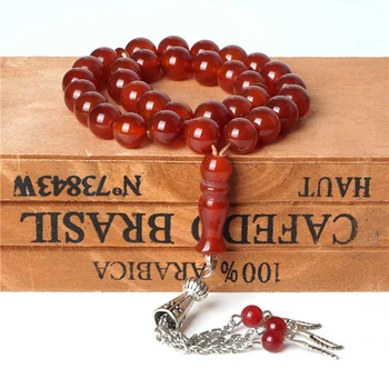 Różaniec czerwony agat Rosarys dla Islamskiego muzułmanina 33 szt. Tesbih Bóg 10 mm religijne Islam modlitwa kamienne koraliki katolickie biżuteria bransoletka