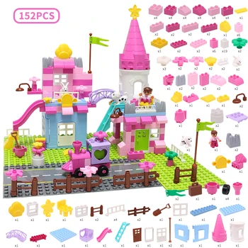 Różowa Księżniczka zamek bloki kompatybilne przyjaciele Duploed dom DIY bloki kolorowe klocki dla dzieci zabawki Edukacyjne