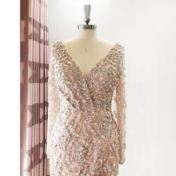Różowe złoto sukienka dla kobiet 2021 Dubaj luksusowe długie rękawy cyrkonie perły handmade Syrena formalna suknie wieczorowe sukienka