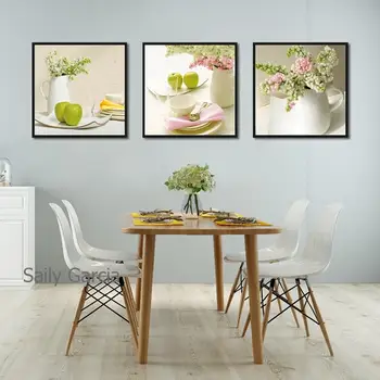 Różowy biały kwiat Wazon płótno Malarstwo stół zielone jabłko naczynia druk plakaty ścienne sztuki do salonu Wystrój domu