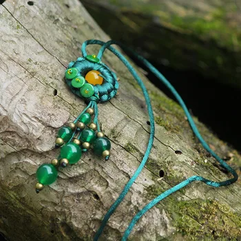 Ręcznie robione wisiorek naszyjnik zielony chalcedon koraliki pędzelkiem arkusz miedzi długi sweter łańcucha etniczne kobiety naszyjnik 0556