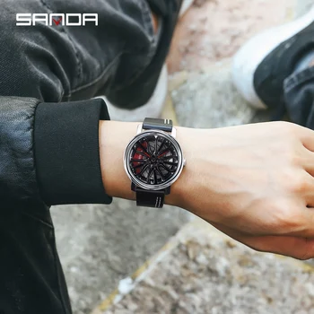 Sanda Luxury Brand Car Wheel Watch mody wodoodporne zegarki sportowe męskie z tarczą koła piasty skórzane Run zegarek Kwarcowy zegarek 2020