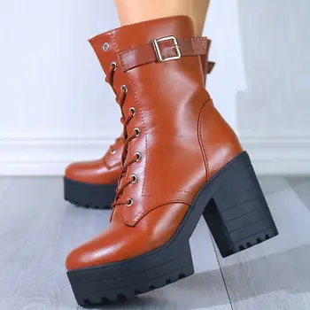 SARAIRIS 2020 Top Quality Vintage High Heels Shoelace Fashion Platform Ankle Boots Shoes Leisure Motorcycles Boots Women