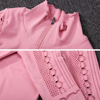 Seksowna Ażurowa Sportowa Koszula Z Długim Rękawem Top Kobiety Fitness Oddychająca Połowa Zip Pullover Jogging Koszulka Wyciąć Dresowe Dresy