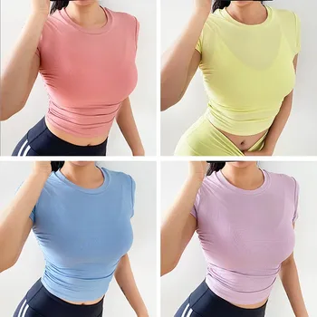 Seksowna krótka joga top boczne fałdy talii, krótki rękaw koszulka fitness kobiety oddychająca jogging szkolenia koszulka sportowa siłownia topy