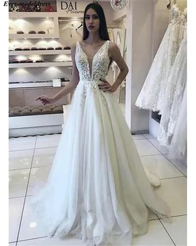 Seksowna suknia ślubna z dekoltem V 2019 aplikacja koronki oparcia tiul falbanki A-line suknia ślubna Vestido De Noiva