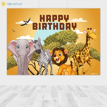 Sensfun Jungle Safari Birthday Theme Tła Animal Lion Giraffe Elephant Boy 2rd Birthday Party Background Photo Booth rekwizyty