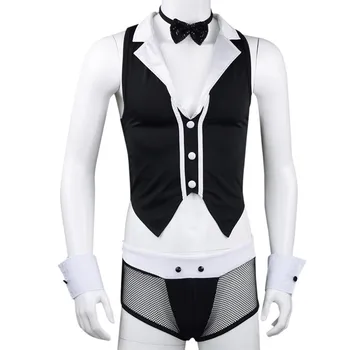 Sexy pokojówka mężczyzn bielizna fabularna kostium Halloween gorące erotyczne mężczyźni pokojówka stroje bezrękawniki bielizna z kołnierzem kajdanki zestaw bielizny