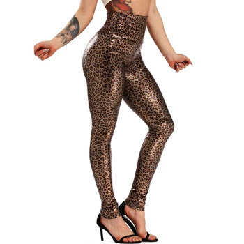 Sexy spodnie z imitacji skóry, damskie elastyczne z wysoka talia biodra push up czarne seksowne damskie legginsy Джеггинг codzienne wąskie spodnie ołówek Leopard