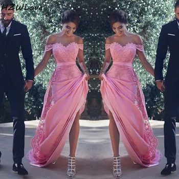 Sexy sukienki druhny z otwartymi ramionami długie z koronkowymi aplikacjami linia sukni ślubnej dla gości różowe sukienka towarzyszki tanio