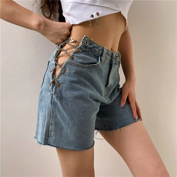 Sezony strona Split metalowy łańcuch denim spodnie kobiety sexy hollow wysoką talię krótkie spodnie letnie niebieskie dżinsy meble ubrania ASSH81111