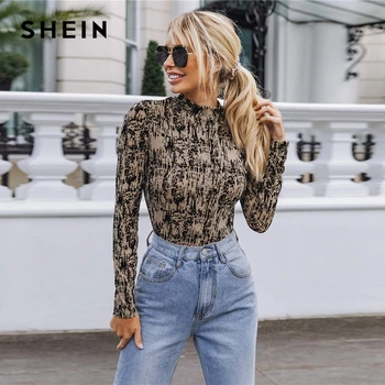 SHEIN Multicolor Mock-Neck Allover Print Mesh Sheer Top Women Autumn Long Sleeve Skinny Casual Fitted T-shirts