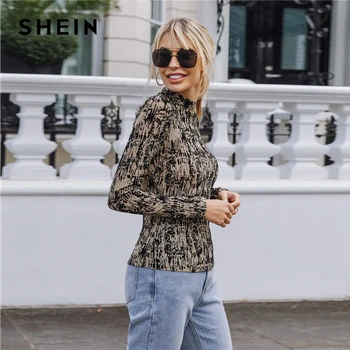 SHEIN Multicolor Mock-Neck Allover Print Mesh Sheer Top Women Autumn Long Sleeve Skinny Casual Fitted T-shirts