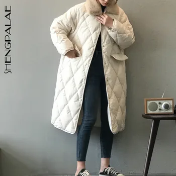 SHENGPALAE 2020 zima Nowy koreański styl długa bawełnianej płaszcz kobiety fur collar rombu wzór duży rozmiar Parkrcoat ZT1170