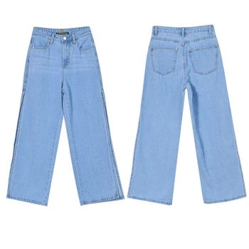 SHENGPALAE 2021 moda szerokie nogi wysokim stanem jeansowe Damskie temat kostki długość fajne Split otwartą stroną denim spodnie lato ZA3940