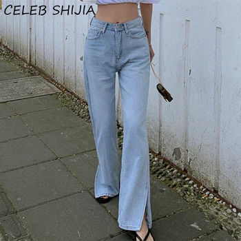 SHIJIA nowy 2020 damskie letnie dżinsy casual spodnie jeansowe z wysokim stanem proste meble niebieski Dziki Split szerokie długie spodnie