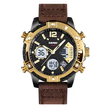 SKMEI męskie zegarki 3 Time Display elektroniczne kwarcowy zegarek z prawdziwej skóry Luminous Week Multi-function Watch Digital Male relogio