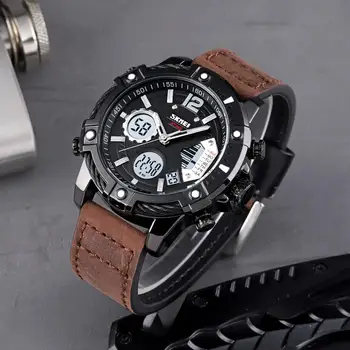 SKMEI męskie zegarki 3 Time Display elektroniczne kwarcowy zegarek z prawdziwej skóry Luminous Week Multi-function Watch Digital Male relogio
