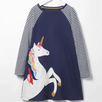 Skoki metrów dziewczynek unicorn dress dzieci Nowe paski długi rękaw wiosna jesień kreskówka odzież nowy projekt dla dzieci sukienki