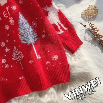 Snowflake Christmas Loose Autumn Winter Women Long Sleeve Sweater OverSize Pullover Sweater Knitted Top golf sweter damski