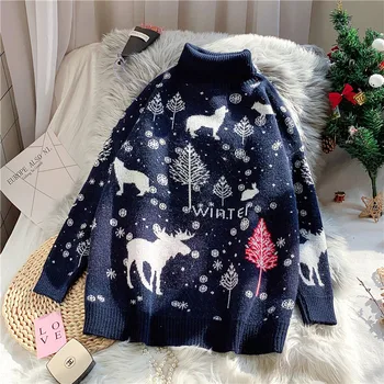Snowflake Christmas Loose Autumn Winter Women Long Sleeve Sweater OverSize Pullover Sweater Knitted Top golf sweter damski
