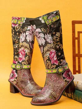 SOCOFY buty eleganckie, pełne wdzięku kwiaty tkaniny zaplata druku skóra wygodne ciepłe masywny obcas połowy łydki pobierania buty zimowe kobiety 2020