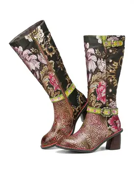 SOCOFY buty eleganckie, pełne wdzięku kwiaty tkaniny zaplata druku skóra wygodne ciepłe masywny obcas połowy łydki pobierania buty zimowe kobiety 2020