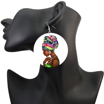 SOMESOOR drukowanych Hedawrap kobieta afro drewniane etniczne kolczyki Vintage czarny Królowa włosów malarstwo 6 cm, płaskie okrągłe, drewniane, biżuteria prezenty