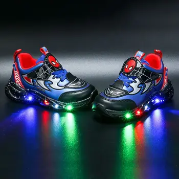 Spider-man dla dzieci buty sportowe jesień i zima nowa skórzana ciepłe buty chłopcy antypoślizgowe buty do biegania LED Sneaker Light Up