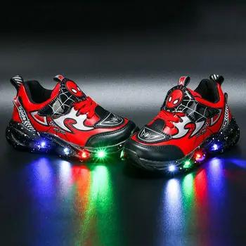 Spider-man dla dzieci buty sportowe jesień i zima nowa skórzana ciepłe buty chłopcy antypoślizgowe buty do biegania LED Sneaker Light Up