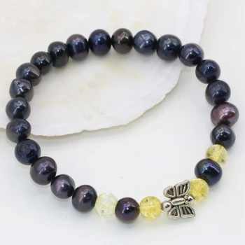 Sprzedaż czarny 7-8 mm naturalne perły okrągłe koraliki strand bransoletki dla kobiet ślub prezenty partii eleganckie biżuteria 7.5 cali B2802