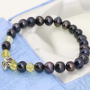 Sprzedaż czarny 7-8 mm naturalne perły okrągłe koraliki strand bransoletki dla kobiet ślub prezenty partii eleganckie biżuteria 7.5 cali B2802